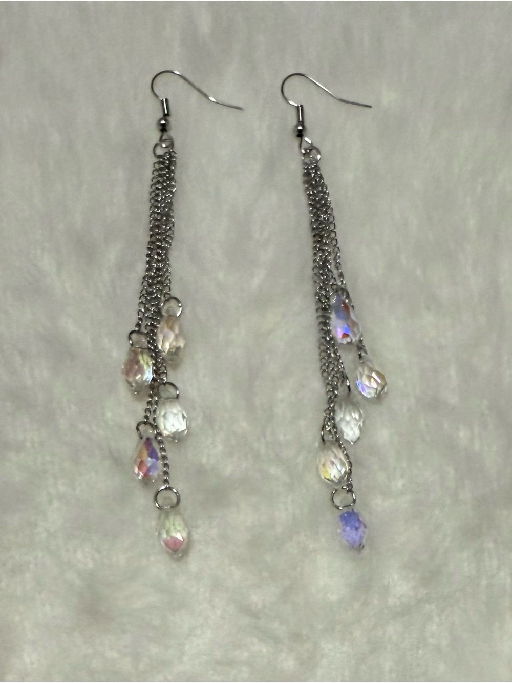 Sparkly Tear-Drops Silver Chain Drop Earrings with Iridescent Crystal Beads